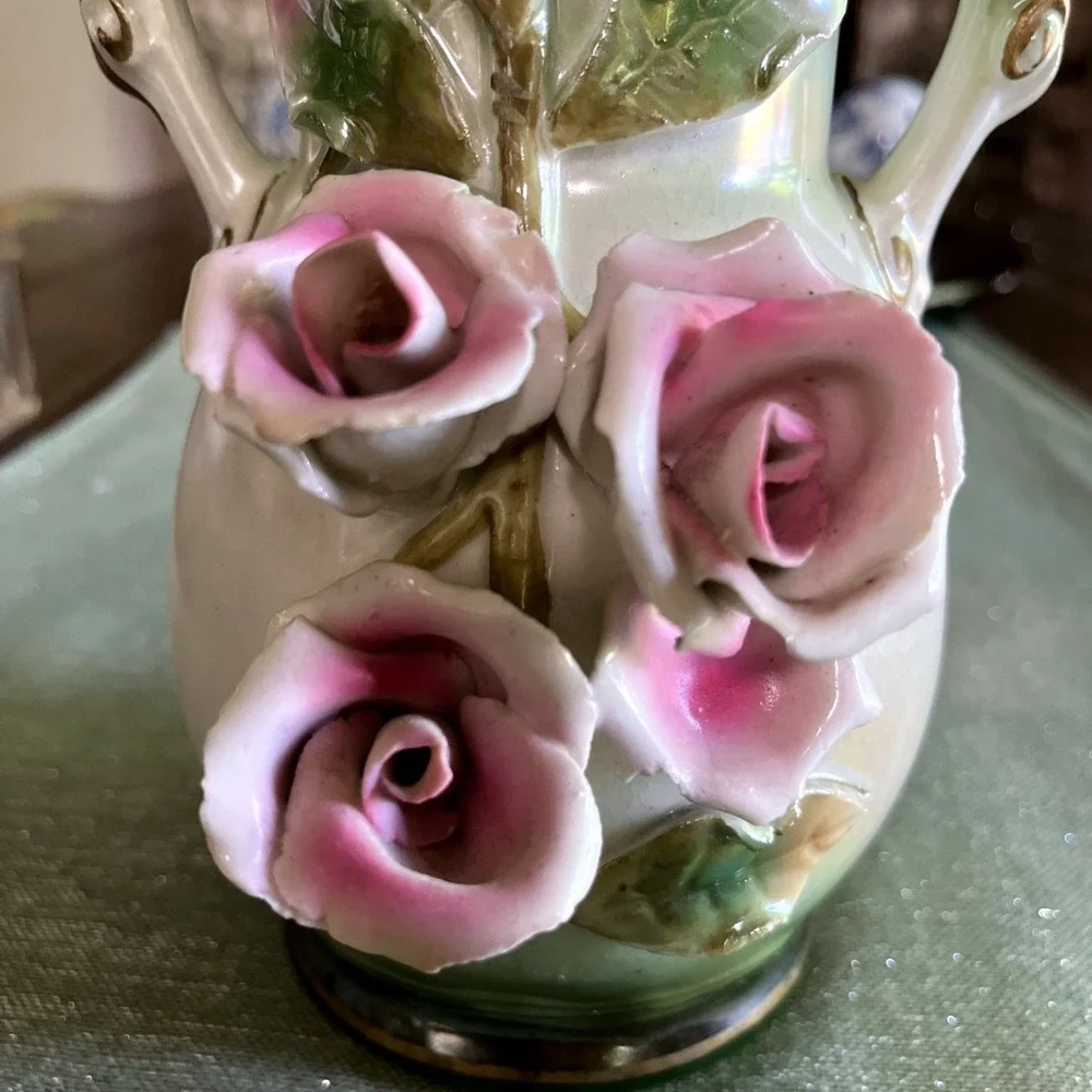 Austrian Porcelain Pottery Gold Accents Floral Double Handles
